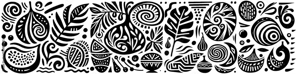 Obraz premium Hand‑Drawn Garlic and Seasoning Illustration, Tribal Culinary Folk Art Pattern Vector for Kitchen and Cooking Adventure Themes Design