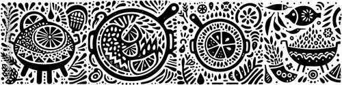 Hand‑Drawn Pan Cooking Cuisine Illustration, Tribal Culinary Folk Art Pattern Vector for Kitchen and Foodie Adventure Themes Design
