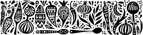 Hand‑Drawn Chili and Onion Illustration, Tribal Culinary Folk Art Pattern Vector for Kitchen and Spicy Food Adventure Themes Design