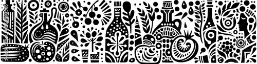 Hand‑Drawn Vegetables and Seasoning Bottle Illustration, Tribal Culinary Folk Art Pattern Vector for Kitchen and Cooking Adventure Themes Design