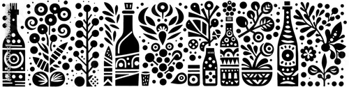 Hand‑Drawn Bottle and Fruit Illustration, Tribal Culinary Folk Art Pattern Vector for Kitchen and Picnic Adventure Themes Design