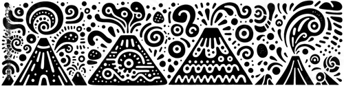 Hand‑Drawn Mountain Volcano Illustration, Tribal Eruption Folk Art Pattern Vector for Nature and Adventure Themes Design