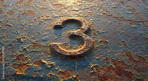 Rusty number three on weathered metal surface with peeling paint  
