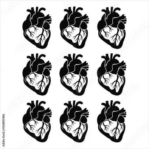 Black anatomical hearts arranged in a grid white illustration
