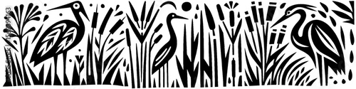Hand‑Drawn Heron and Grass Illustration, Tribal Wetland Folk Art Pattern Vector for Wildlife and Nature Adventure Themes Design