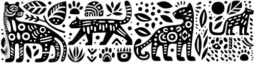 Hand‑Drawn Jaguar Illustration, Tribal Jungle Folk Art Pattern Vector for Wildlife and Adventure Themes Design