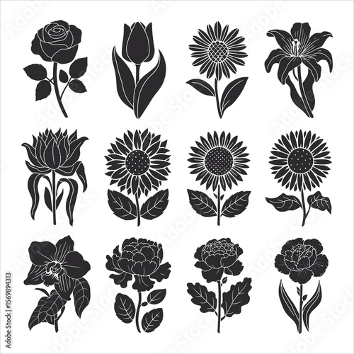 Black floral silhouettes rose tulip sunflower lily orchid peony vector