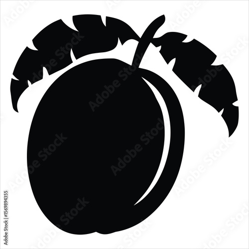 Black silhouette of a plum with leaves fruit white