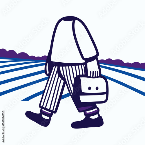 Headless Person Walking in Field with Bag, Illustration