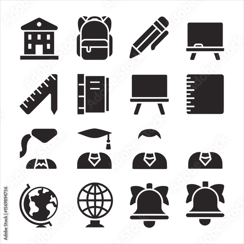 School building backpack pencil blackboard ruler book easel globe graduation cap bell vector