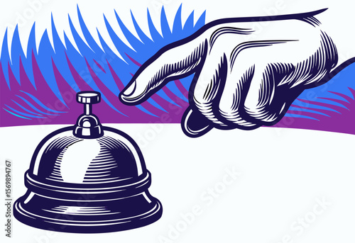 Hand Ringing Hotel Service Bell; Vintage Style Illustration