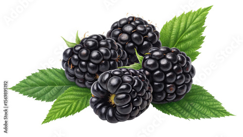 Four Blackberries with Leaves, Isolated on Transparent Background, Digital Illustration, Fresh Fruit, Blackberry, Fruit, Graphic