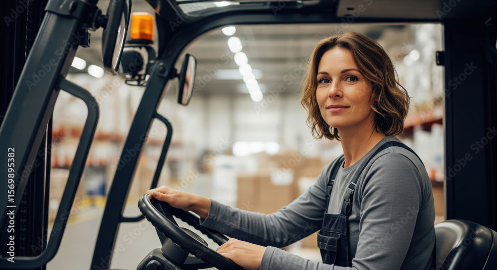 Confident female forklift operator in a warehouse, smiling at the camera, symbolizing women in logistics, industry, and efficient supply chain management. Confident female forklift operator in a warehouse, smiling at the camera, symbolizing women in logistics, industry, and efficient supply chain management.