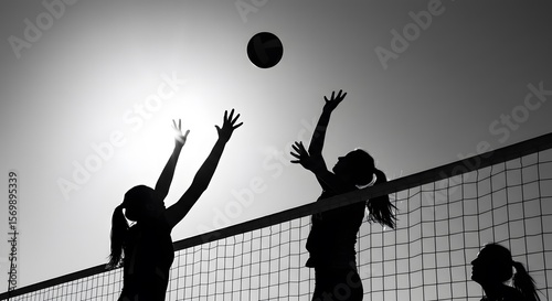 Volleyball overhand silhouette near net line