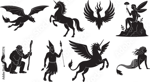  Majestic Mythical Creatures Silhouettes: Unicorn, Pegasus, Phoenix, and Fantasy Beings Vector.
