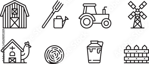 Diverse Farm and Rural Icons: Line Art Vector Set with Tractor, Milk Churn, and Maze.
