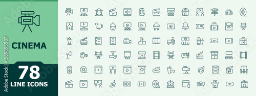 Cinema vector icon set. Contains such icons as tv, entertainment, movie, camera, film and more. Entertainment icon collection. Minimalist linear icons. Editable stroke. Pixel Perfect.