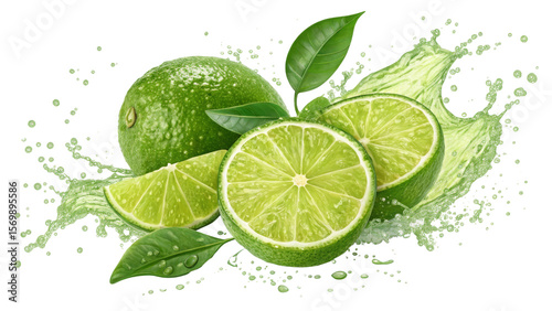 Fresh Lime Splash Composition Juicy Citrus Fruits, Isolated on Transparent Background, Lime, Citrus, Juice