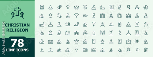 Christian Religion icon set. Contains such symbols as religion, easter, christian, prayer, christ, spirit and more. Pray icon set. Minimalist icons pack. Editable stroke. Pixel Perfect.