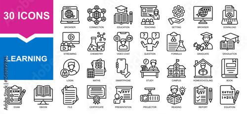 Vector set of learning line collection. Containing teaching. study, graduation, question, homeschooling