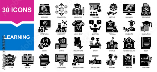 Vector set of learning glyph collection. Containing teaching. study, graduation, question, homeschooling