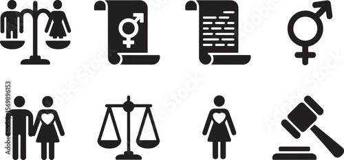 Justice, Gender, and Legal Concepts: Abstract Black Icon Set for Rights and Equality.
