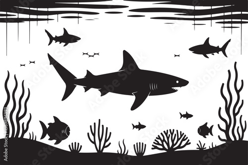 Black and White Shark Silhouette Underwater Scene Ocean Life Marine Animals Coral Reef Illustration