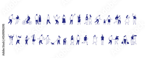 Flat vector illustration of people in everyday urban lifestyle — walking, talking, shopping, cycling. Minimal stylized characters perfect for editorial design, UI concepts, and marketing visuals.