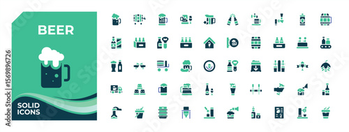 Set of Beer colorful solid icon. Includes flat filled Brew icons for application. beverage, alcohol, bar and more. Web icons pack. Beverage vector solid icon set. Editable vector. Pixel perfect.
