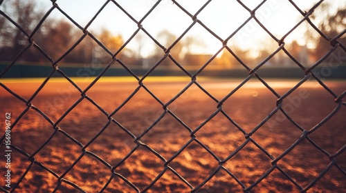 Chain-link fence at sunset over a baseball field