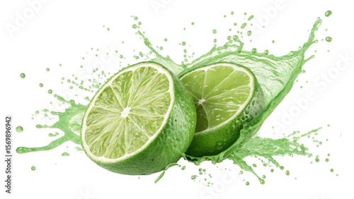 Lime Splash Two Halves, Juice Burst, Isolated on Transparent Background, Lime, Citrus, Refreshment