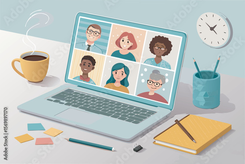 A laptop computer, centered, displays a video conference call with nine diverse people.  