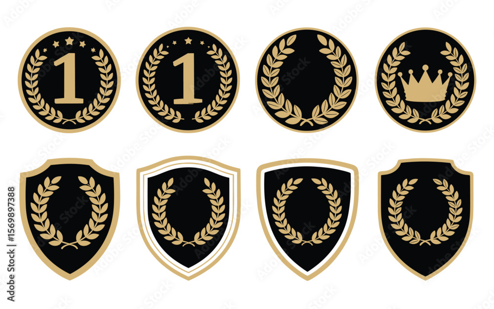 Naklejka premium Gold Laurel Award and Shield Badge Icons in Black Vector Style