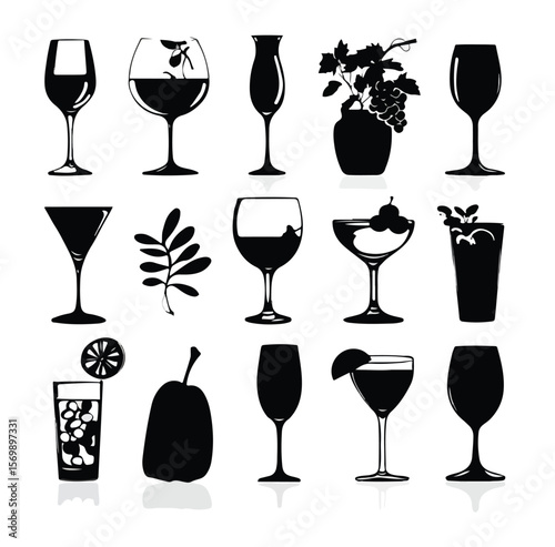 wine glass silhouette set, Black & White silhouette set 