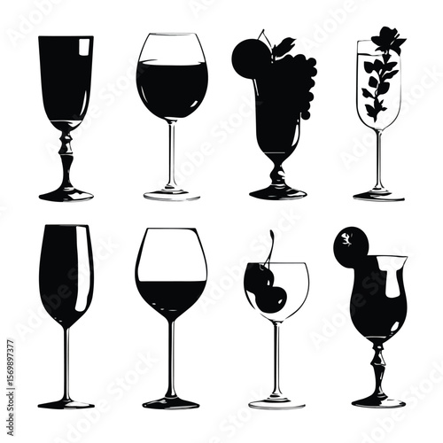 wine glass silhouette set, Black & White silhouette set 