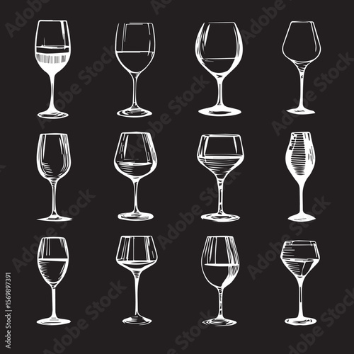 wine glass silhouette set, Black & White silhouette set 