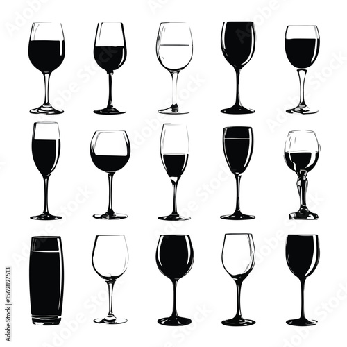 wine glass silhouette set, Black & White silhouette set 