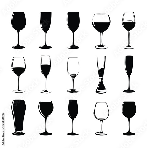 wine glass silhouette set, Black & White silhouette set 