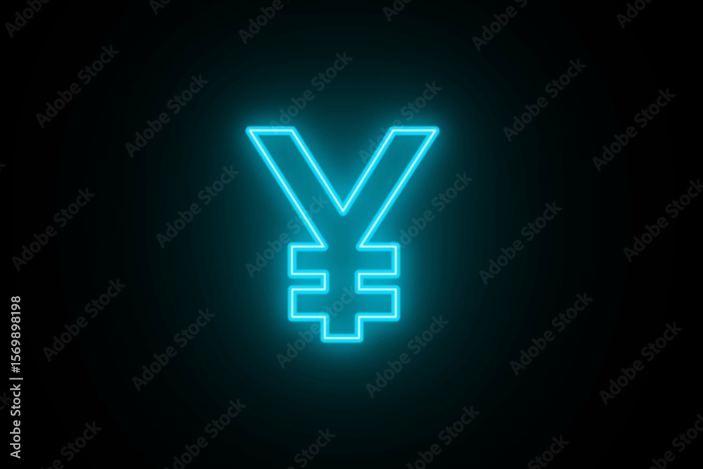 Obraz premium Neon glowing cyan color japanese yen icon on black background. Neon yen icon. Yen sign icon outline.