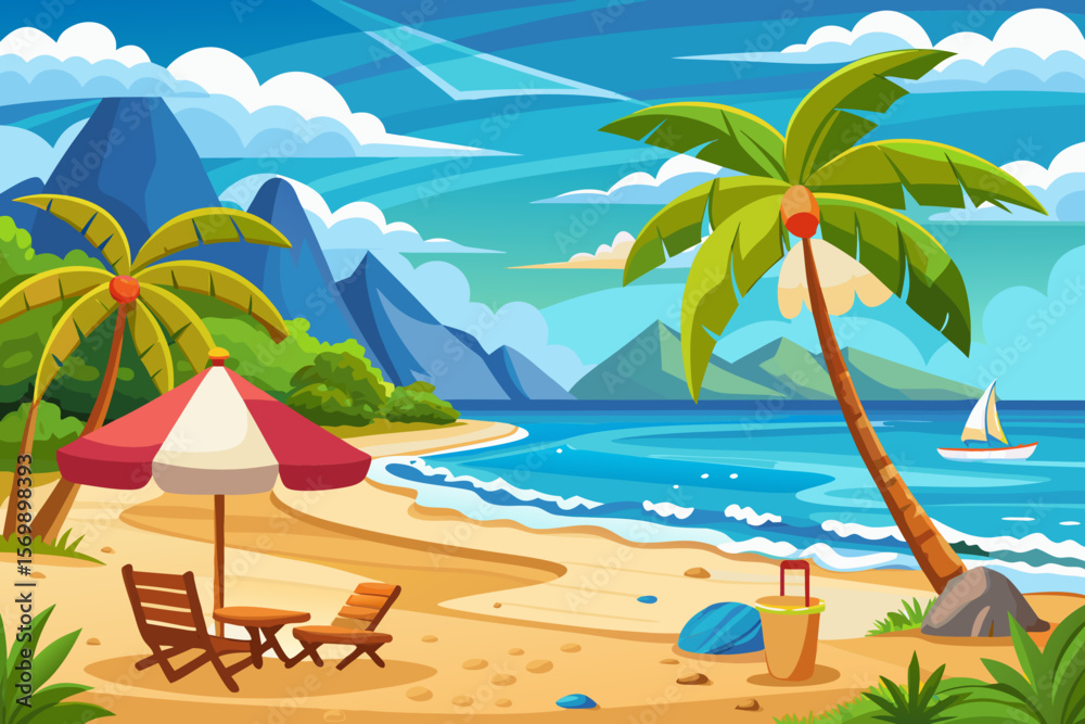 Obraz premium Cartoon tropical beach scene with palm trees mountains and ocean waves