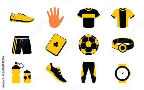 Sports and fitness icons set black and yellow design