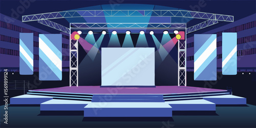 Empty Modern Stage Setup Dark Hall Blue Purple Lighting
