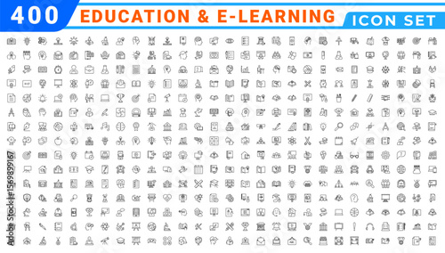 Education line icons collection. Big UI icon set in a flat design. Thin outline icons pack. Thin line icons set of academic subjects and education. Outline symbol collection.