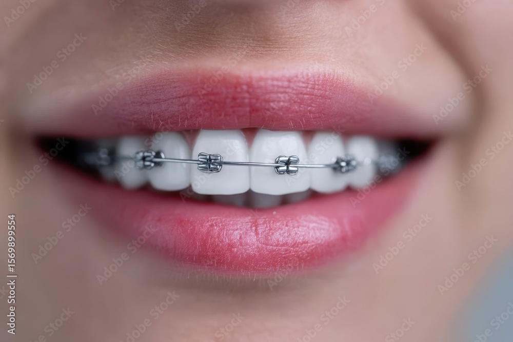 Obraz premium Woman smiles showing teeth with orthodontic braces