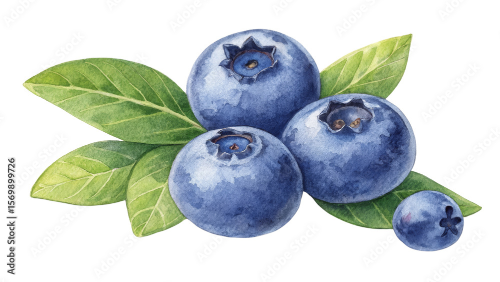 Fototapeta premium Watercolor Blueberries with Leaves, Isolated on Transparent Background, Clipart, Botanical Illustration, blueberry, watercolor, illustration