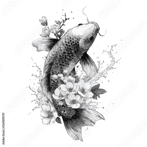 Graceful Koi Fish Swimming Downward in Ink Wash