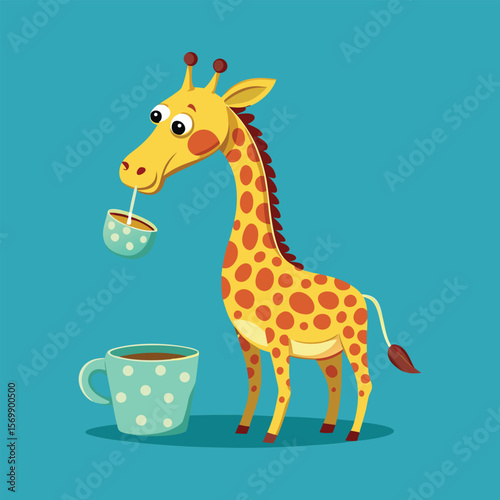 Funny giraffe bending neck to drink from tiny teacup vector illustration, cute animal cartoon, quirky tea time concept art