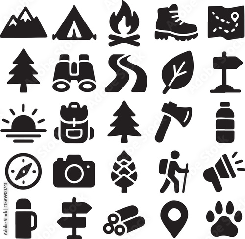 Collection of black outdoor adventure and camping icons including mountains tent campfire hiking boot map trees binoculars river leaf signpost sun backpack axe water bottle compass camera pinecone hik
