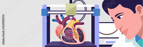 Artificial organ being 3D printed with scientists in vector banner