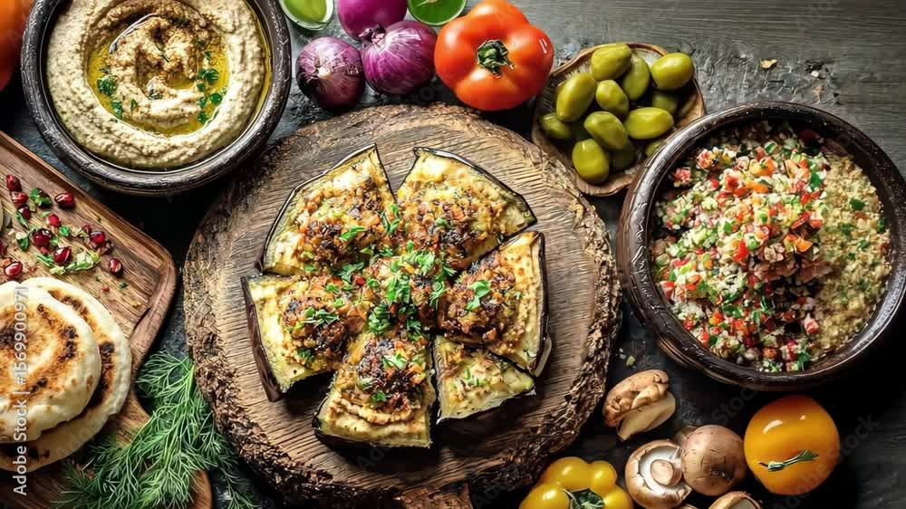 A middle eastern cuisine is arranged in a flat lay, 4k video